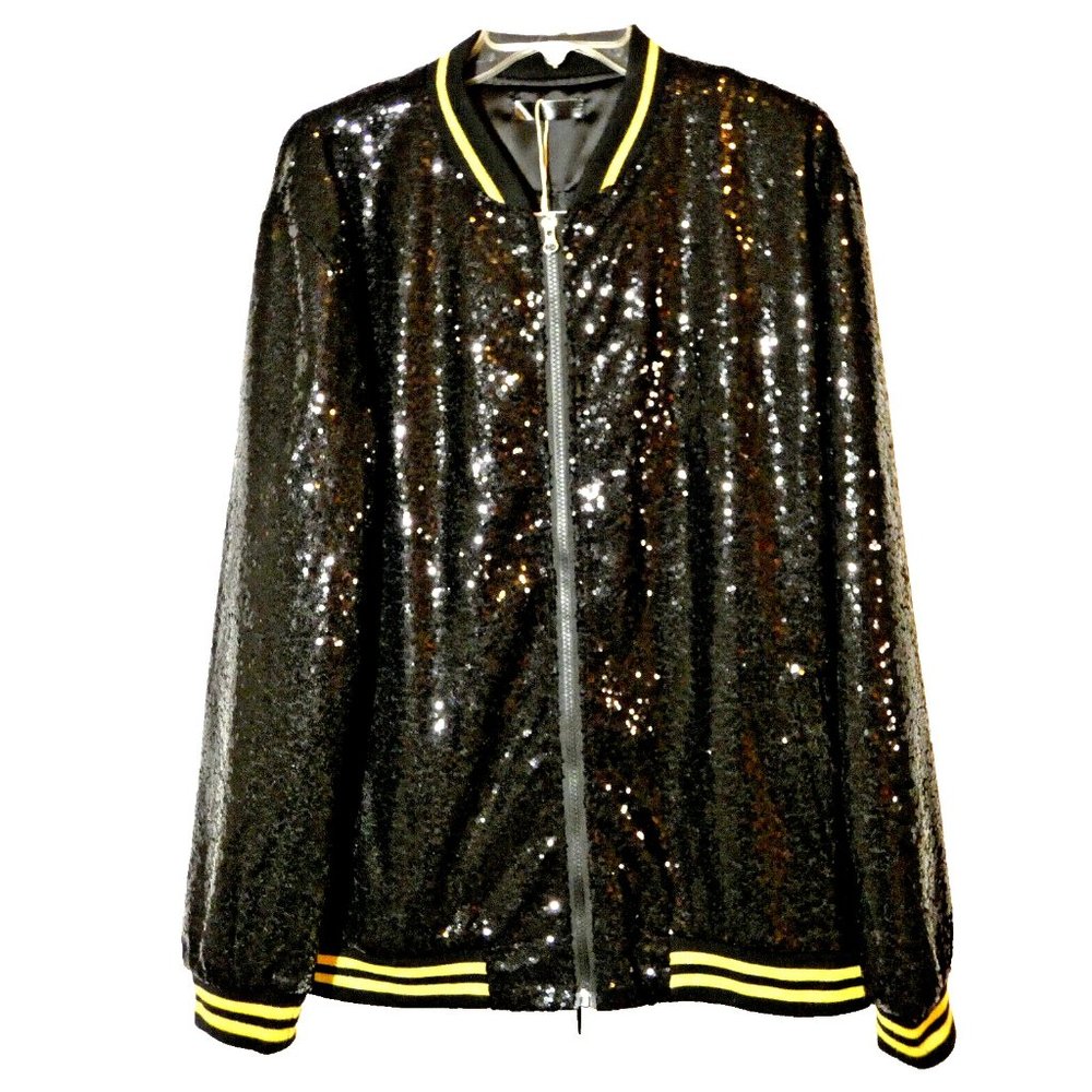 Black Varsity Jacket Football Sequins Party Back to School Wedding Adult Size L